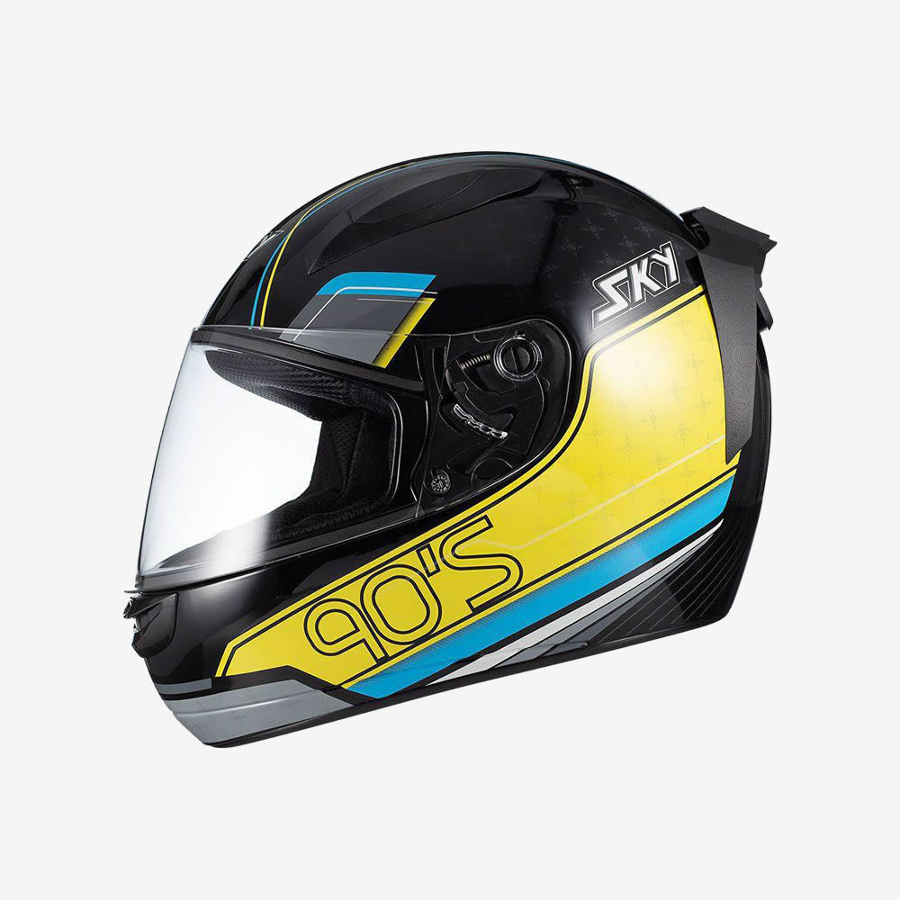 Capacete Moto Sky Two Anos 90 Preto Brilho Azul e Amarelo