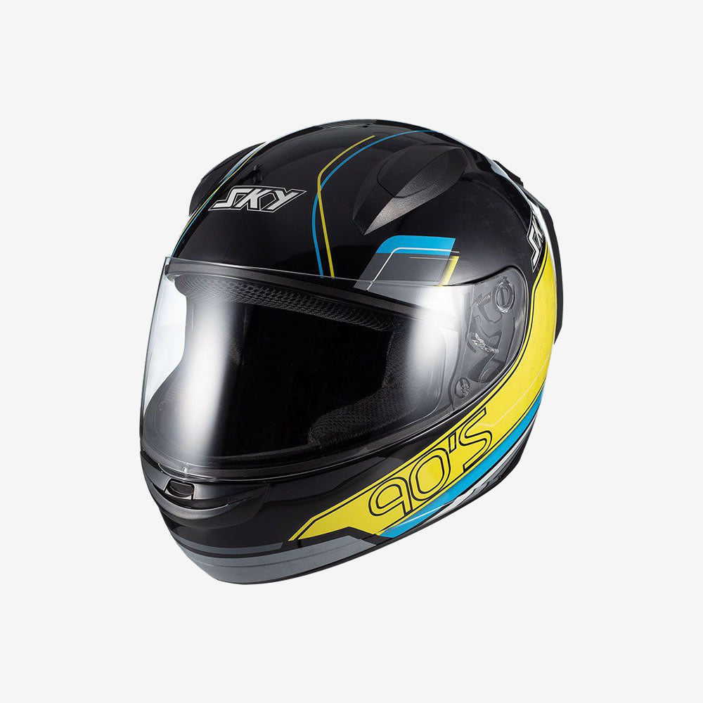 Capacete Moto Sky Two Anos 90 Preto Brilho Azul e Amarelo