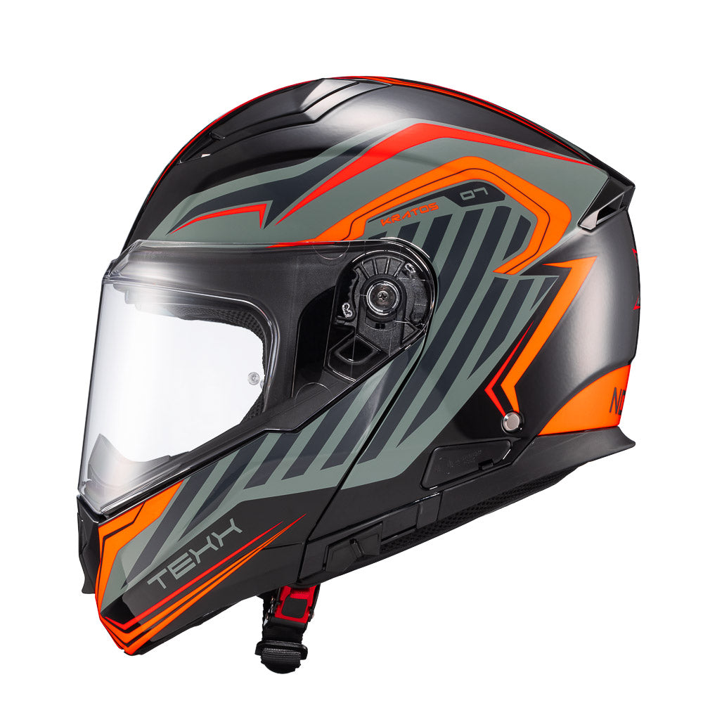 Capacete Texx Escamoteavel Kratos Nomade Preto Laranja Cinza Brilho