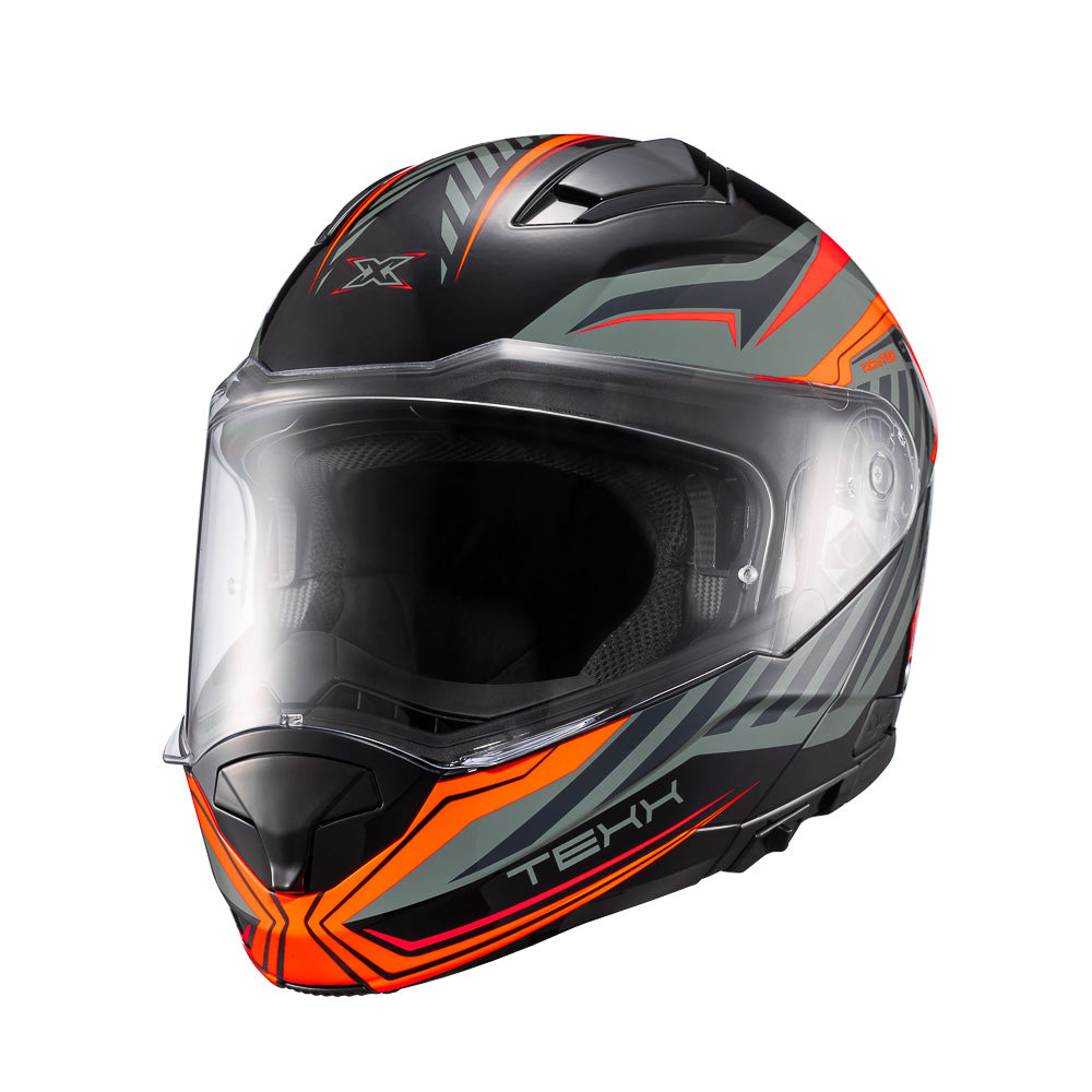 Capacete Texx Escamoteavel Kratos Nomade Preto Laranja Cinza Brilho