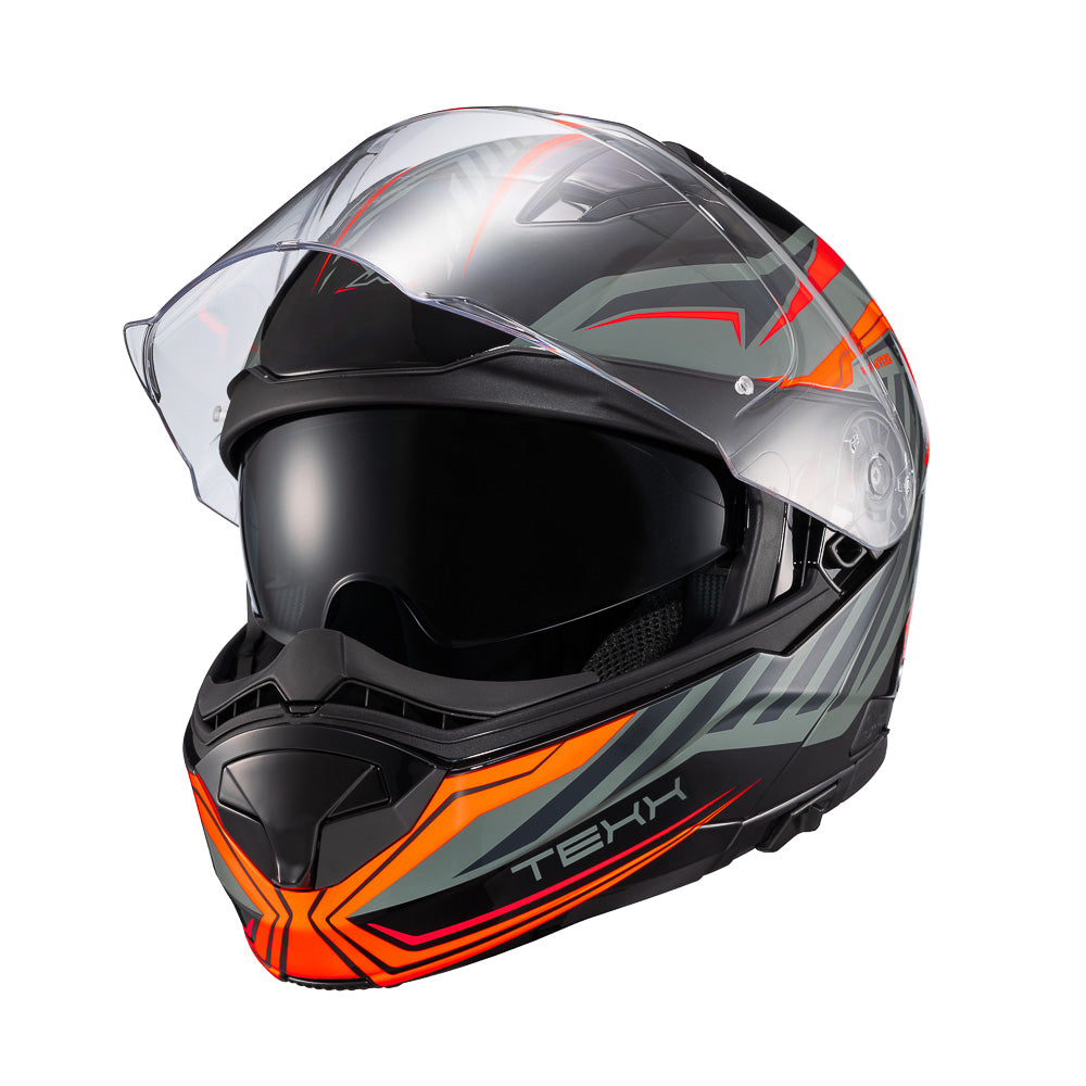 Capacete Texx Escamoteavel Kratos Nomade Preto Laranja Cinza Brilho