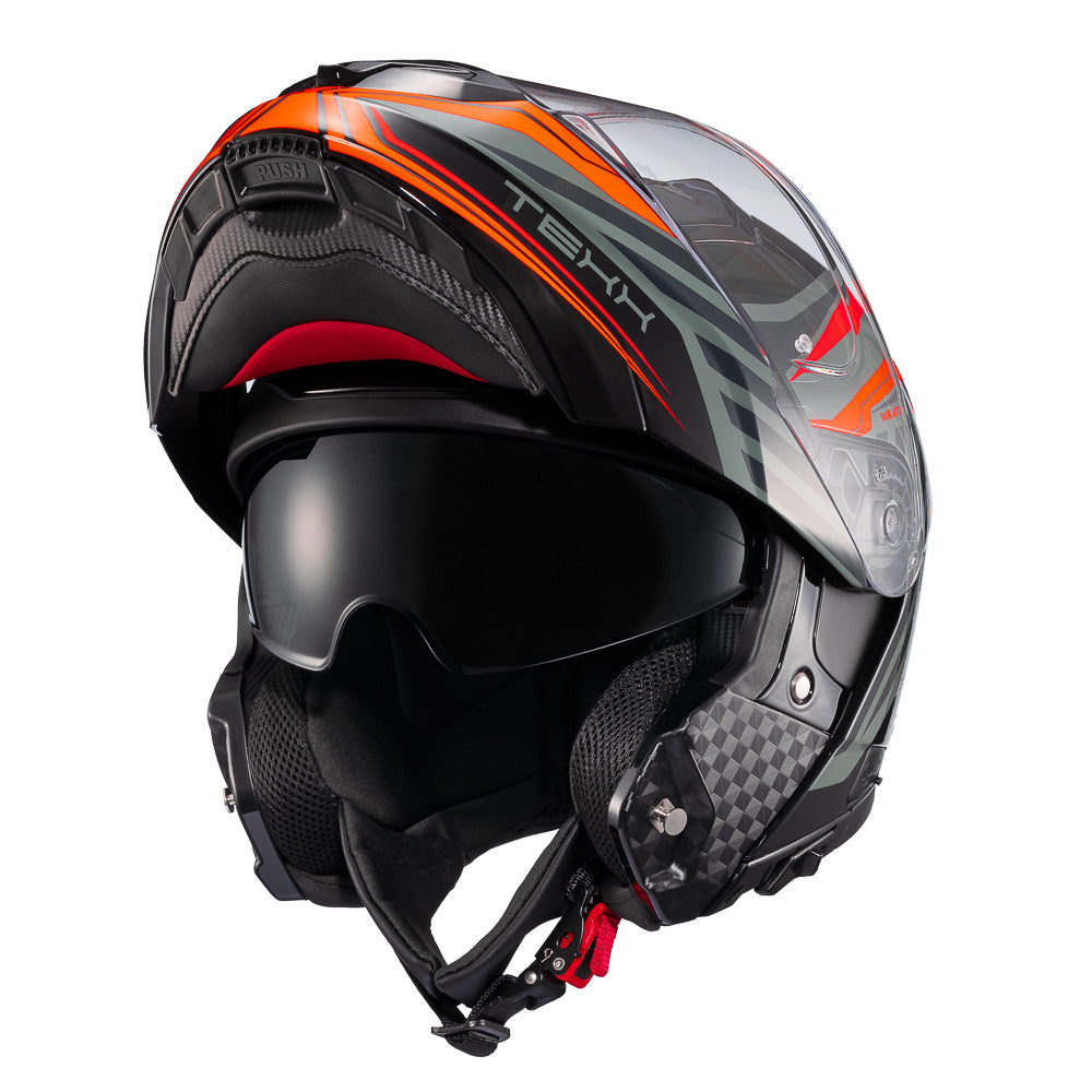 Capacete Texx Escamoteavel Kratos Nomade Preto Laranja Cinza Brilho