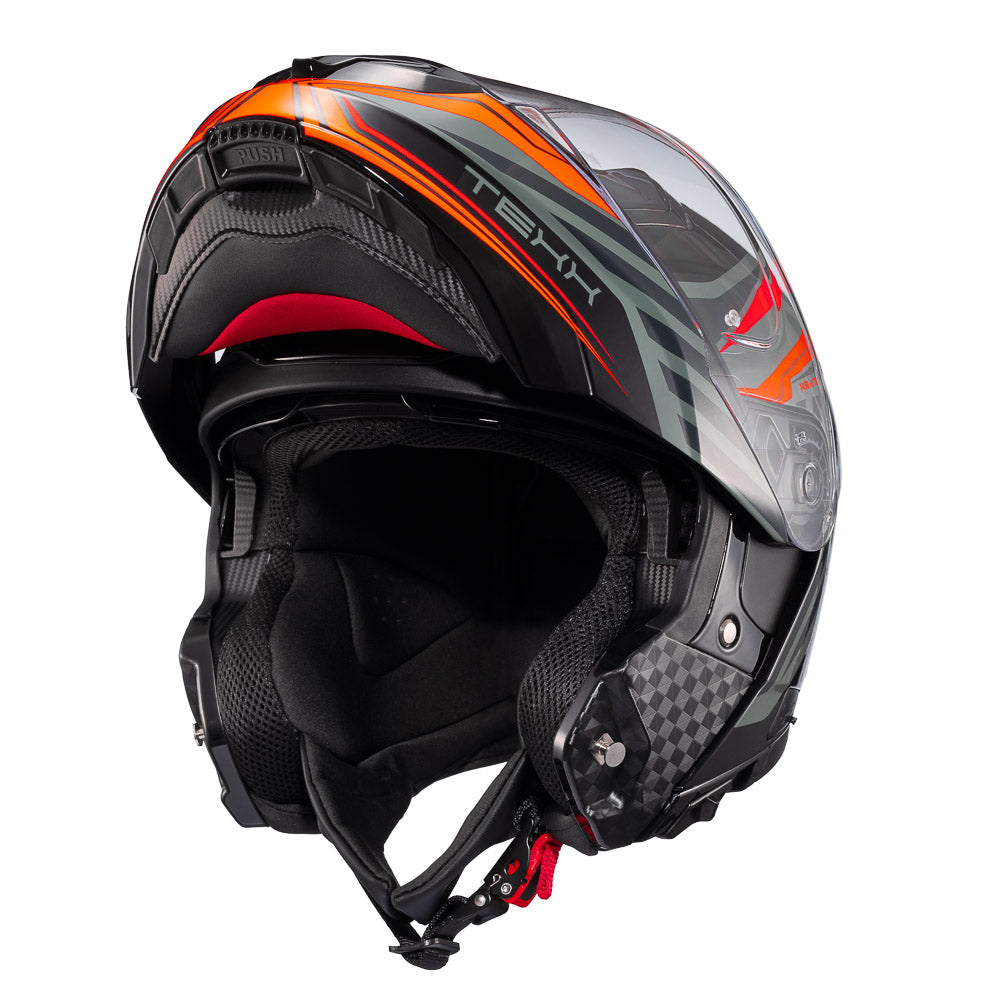 Capacete Texx Escamoteavel Kratos Nomade Preto Laranja Cinza Brilho