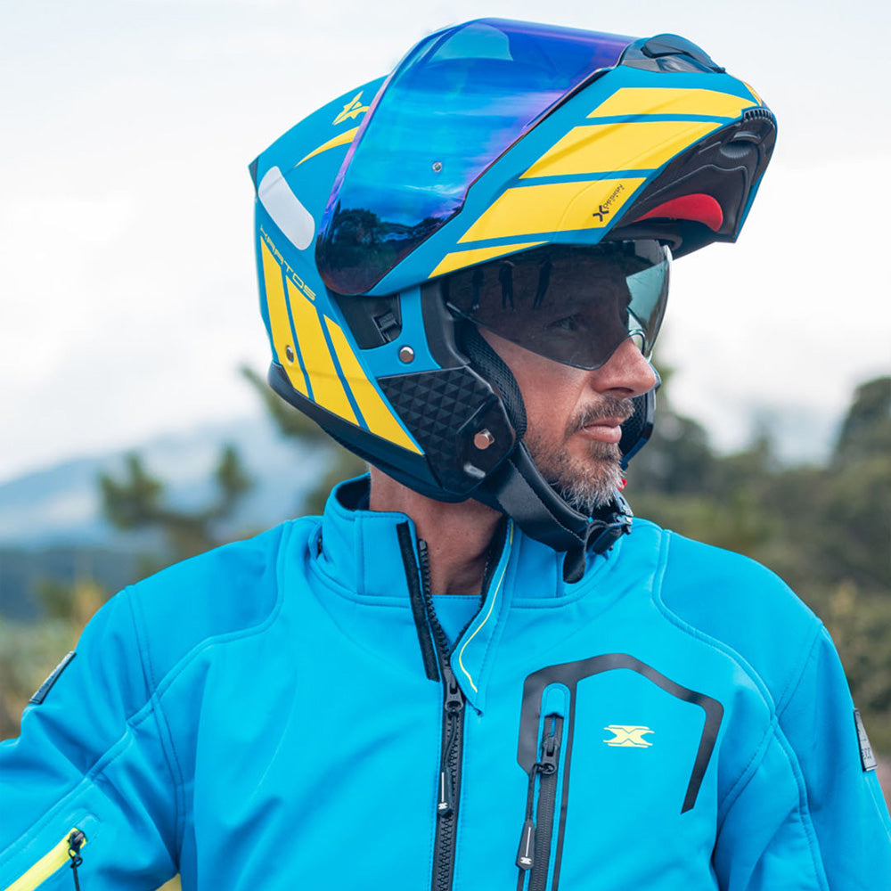 Capacete Texx Escamoteável Kratos Cyber Azul Amarelo Fosco
